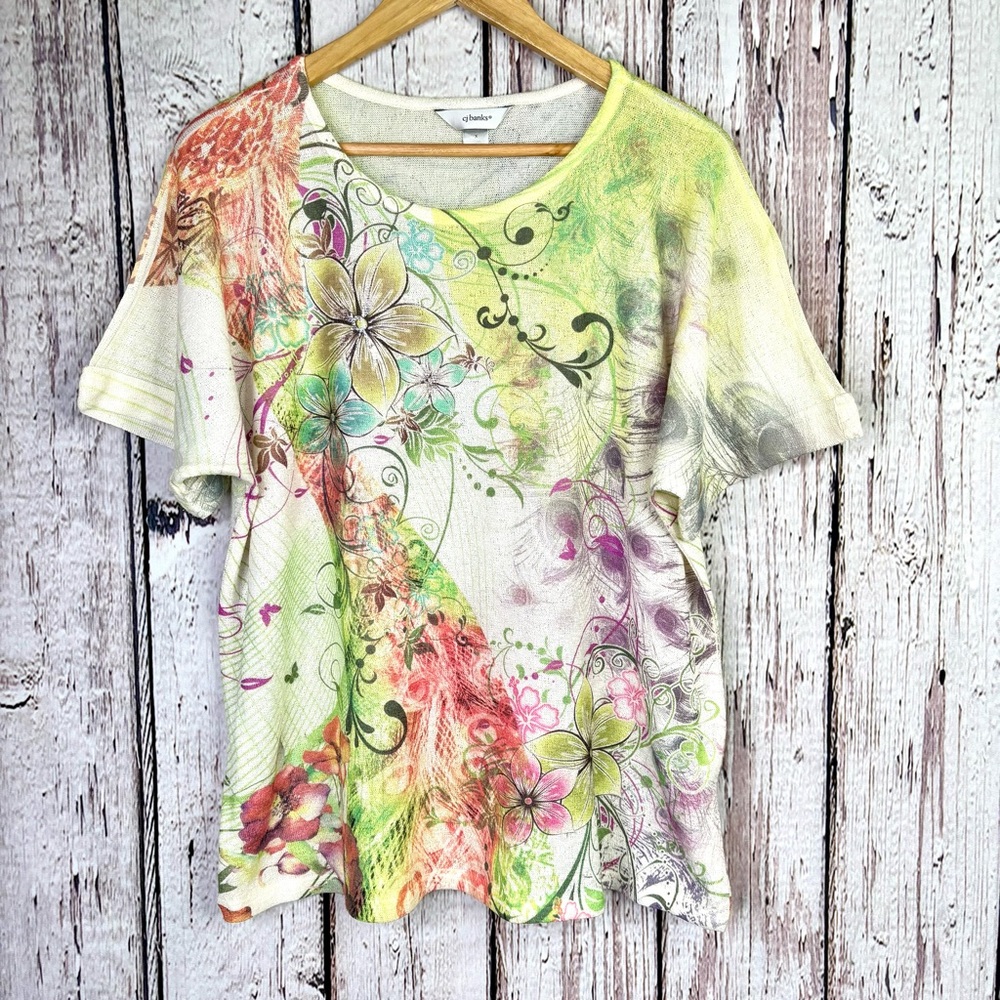 CJ Banks X | 14W Knit Blouse Dolman Short Sleeve Whimsical Floral Print Gorgeous